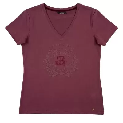 T-shirt bordeaux de manga curta com estampa em relevo e decote em V
