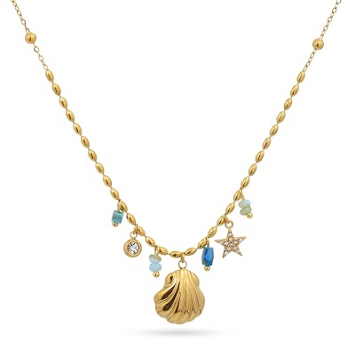 Colar dourado com pendentes de concha e pedras azuis