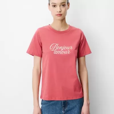 T-shirt feminina rosa com texto Bonjour amour em branco