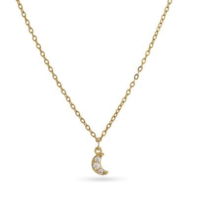 Colar com pendente de lua dourado com cristais sobre fundo branco