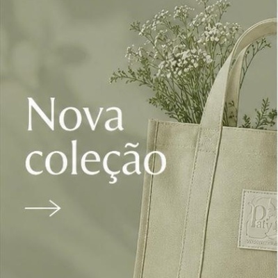 Saco de tecido bege com flores brancas e texto Nova coleção.
