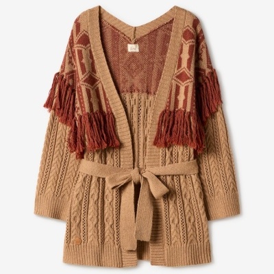 Cardigan feminino castanho com franjas vermelhas