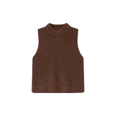 Camisola castanha de malha grossa sem mangas com gola alta