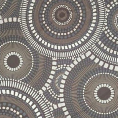Tecido com padrão geométrico circular em castanho, cinza, branco e bege
