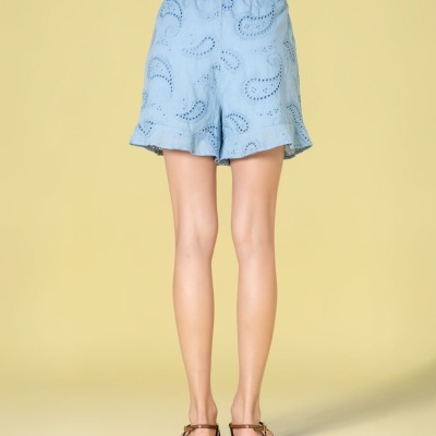 Shorts azul claro com padrão perfurado vistos de costas