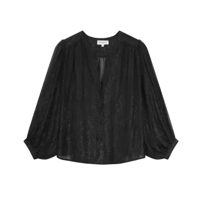 Blusa preta feminina transparente com botões encapados e manga comprida