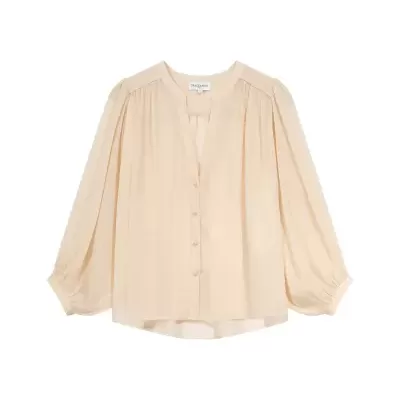 Blusa bege claro feminina com botões e mangas bufantes