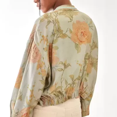Casaco floral com elástico na cintura e punhos