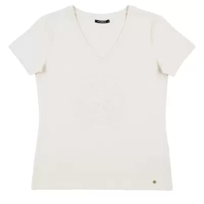 T-shirt branca de mulher com decote em V e estampado em relevo
