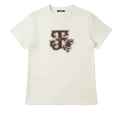 T-shirt branca com estampa decorativa castanha e etiqueta FOURSOUL