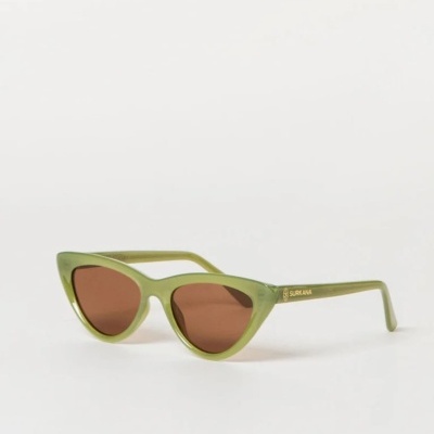 Óculos de sol verdes com lentes castanhas formato gatinho