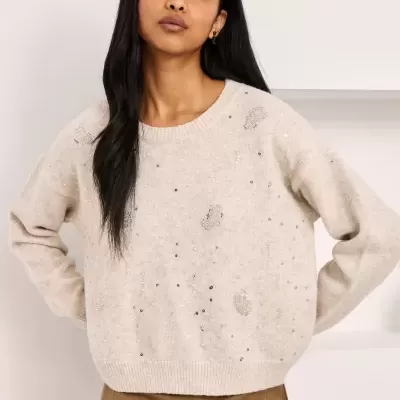Camisola creme com lantejoulas prateadas e calças castanhas