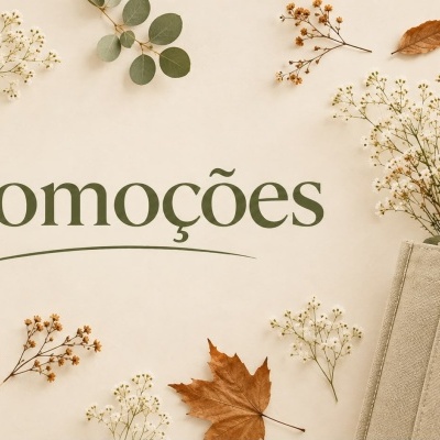 Saco de tecido bege com flores e folhas secas sobre fundo creme com o texto Promoções