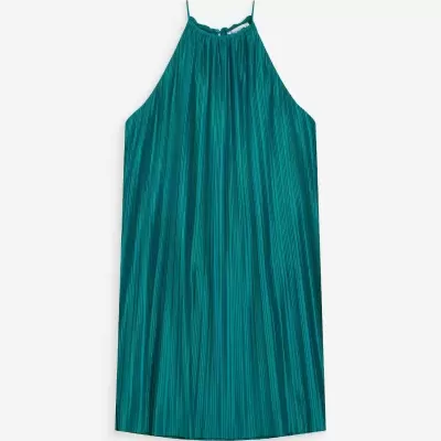 Vestido curto azul turquesa plissado com alças finas