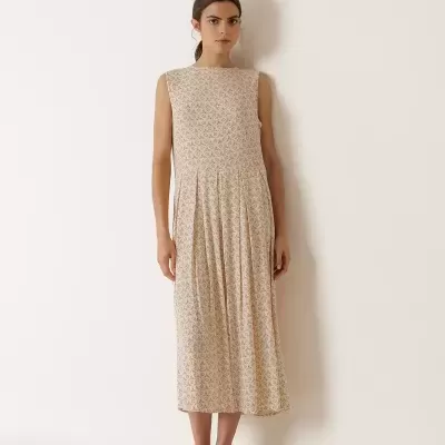 Vestido midi bege com padrão floral