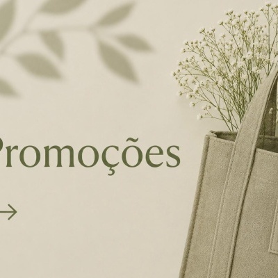 Saco de tecido bege com flores brancas e texto Promoções no fundo