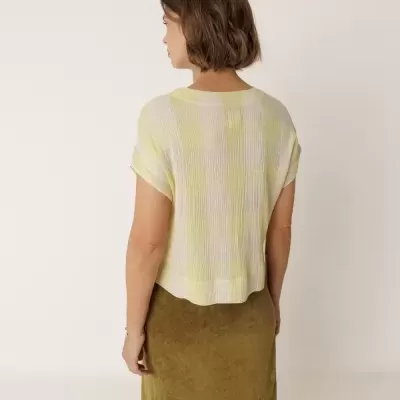 Blusa curta de padrão xadrez amarelo e branco com saia verde musgo