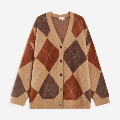 Cardigan malha felpuda padrão losangos castanho claro, bege, castanho escuro e vermelho tijolo