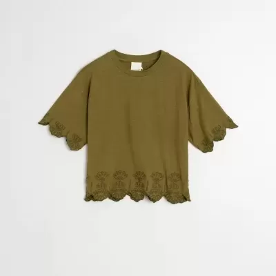 T-shirt castanha esverdeada com bordados e corte ondulado