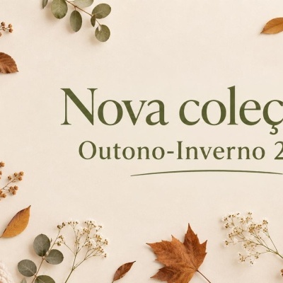 Composição de folhas secas, flores e malha com texto sobre nova coleção outono-inverno 2026