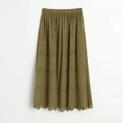 Saia midi caqui com bordado floral e cintura elástica