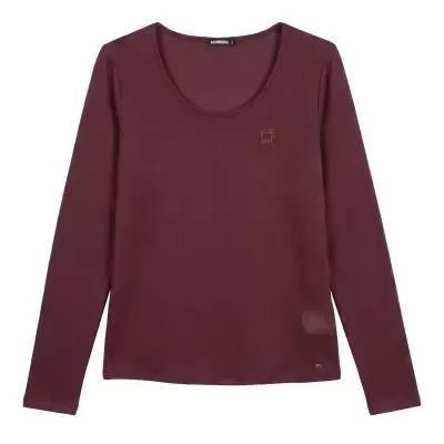 Camisola de manga comprida vinho com decote redondo e cristais no peito