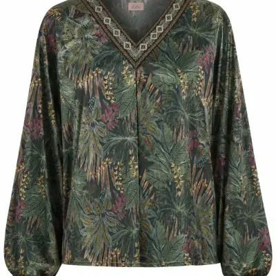 Blusa feminina com padrão de folhas verdes e decote em V bordado