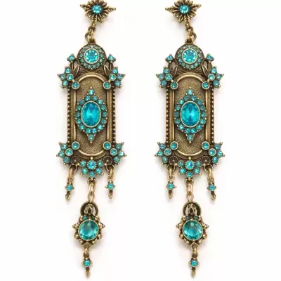 Brincos pendentes dourados com pedras azuis e detalhes ornamentais