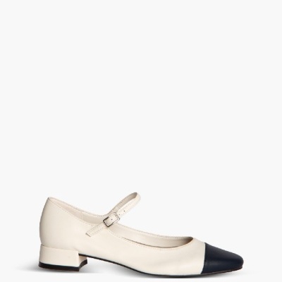 Sapato feminino Mary Jane creme com biqueira preta e salto baixo