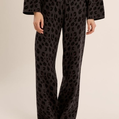 Calças de malha animal print cinzentas com cordão na cintura