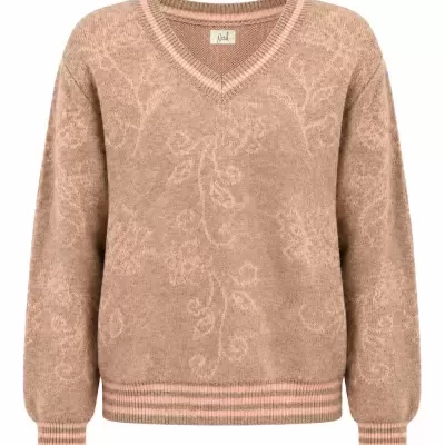 Camisola de malha castanha com padrão floral e riscas rosa no decote