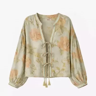 Blusa feminina floral bege claro com mangas compridas e laços frontais