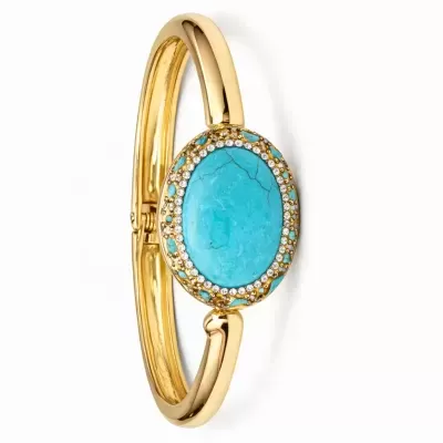 Pulseira dourada com pedra azul turquesa oval e cristais