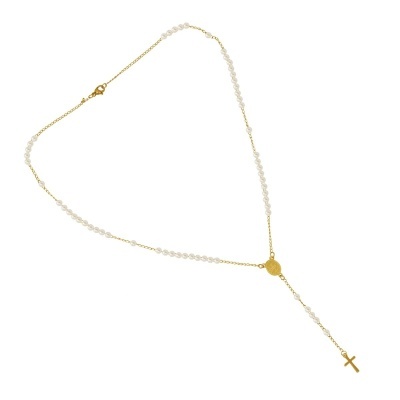 Colar tipo terço com pérolas e crucifixo dourado