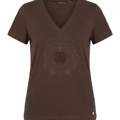T-shirt feminina castanha de manga curta com estampa floral e texto