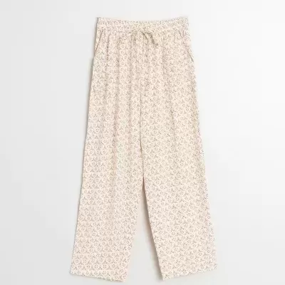 Calças compridas creme com padrão floral castanho