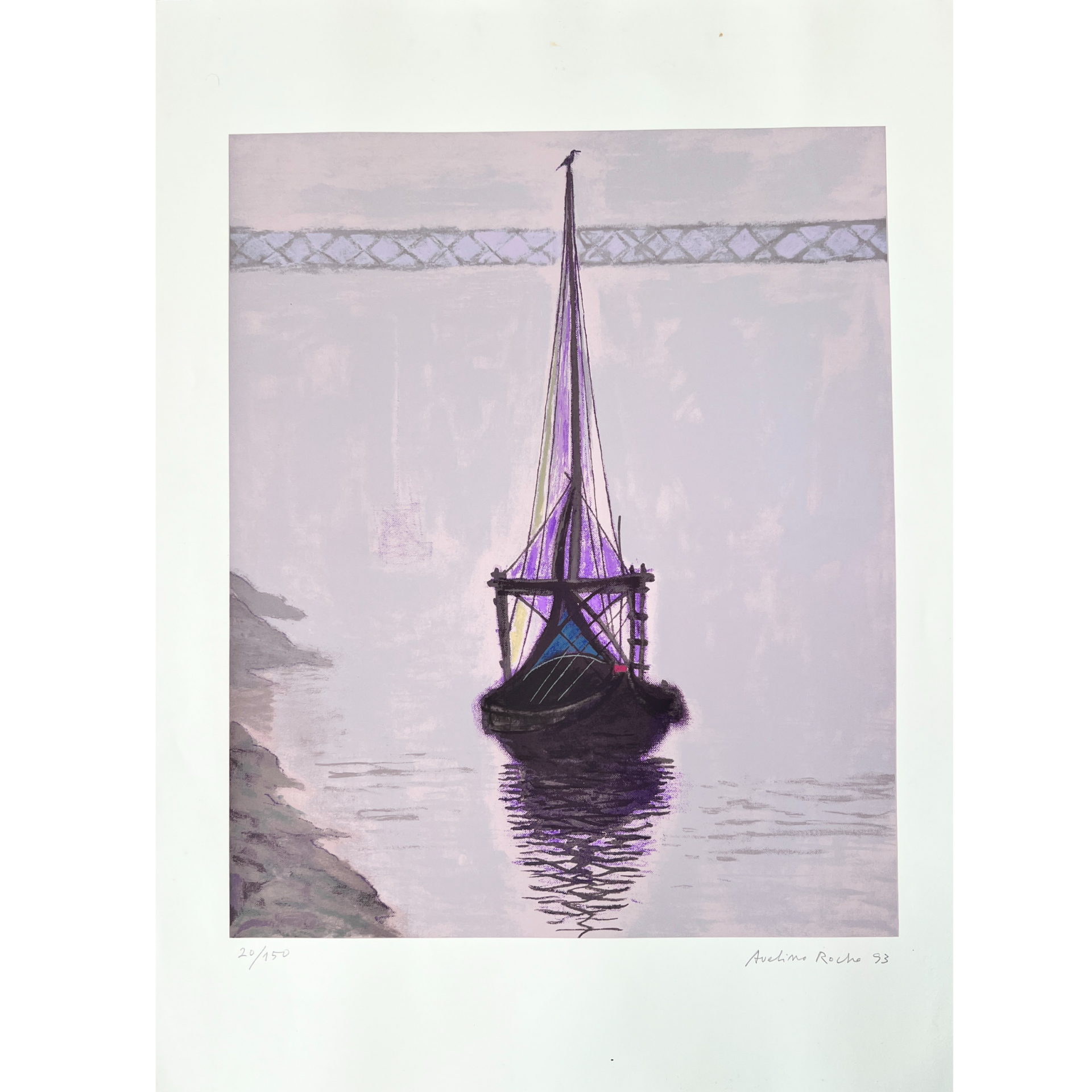 Imagem de arte mostrando barco de vela roxa na água, com ponte ao fundo