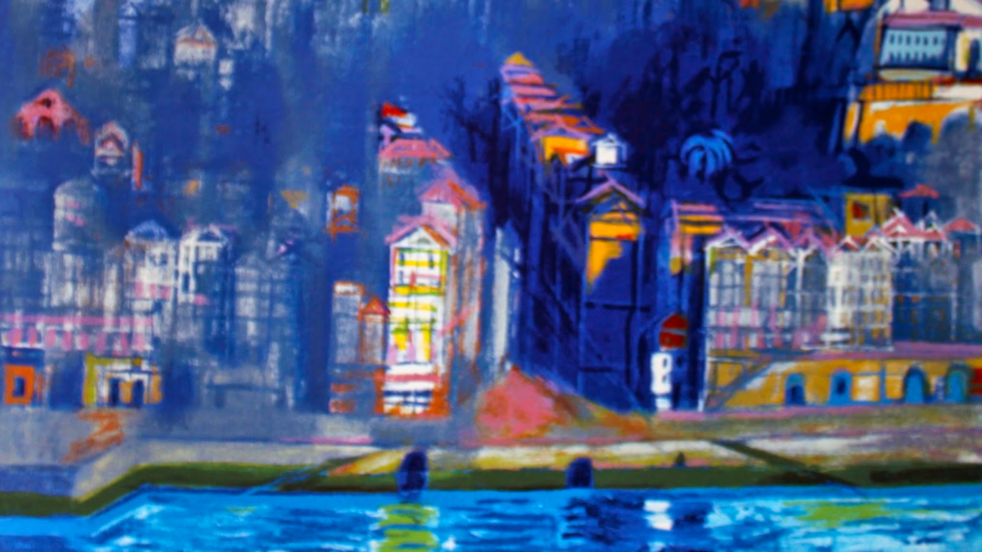 Pintura colorida de cidade à beira de água com edifícios e reflexos