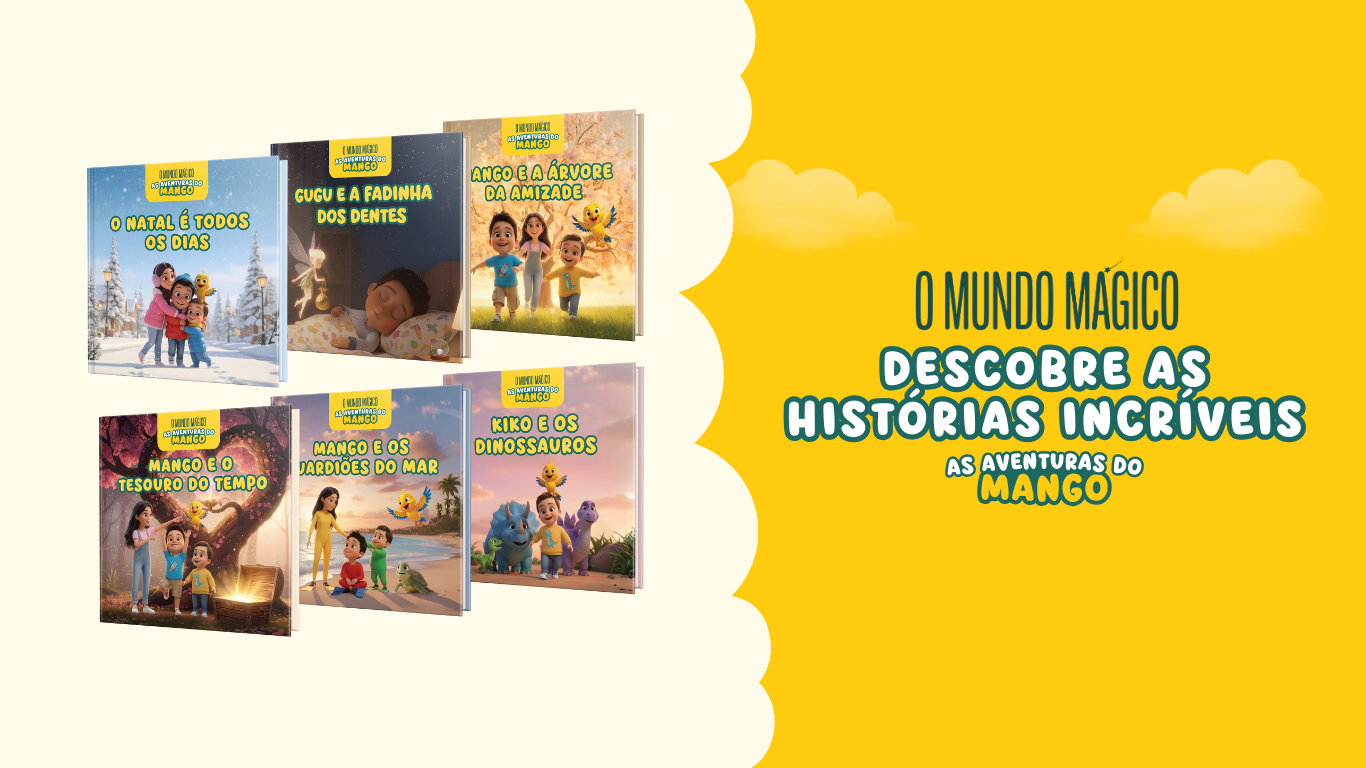 Sete livros infantis da coleção 'O Mundo Mágico As Aventuras do Mango' com capas coloridas e títulos em português sobre fundo amarelo