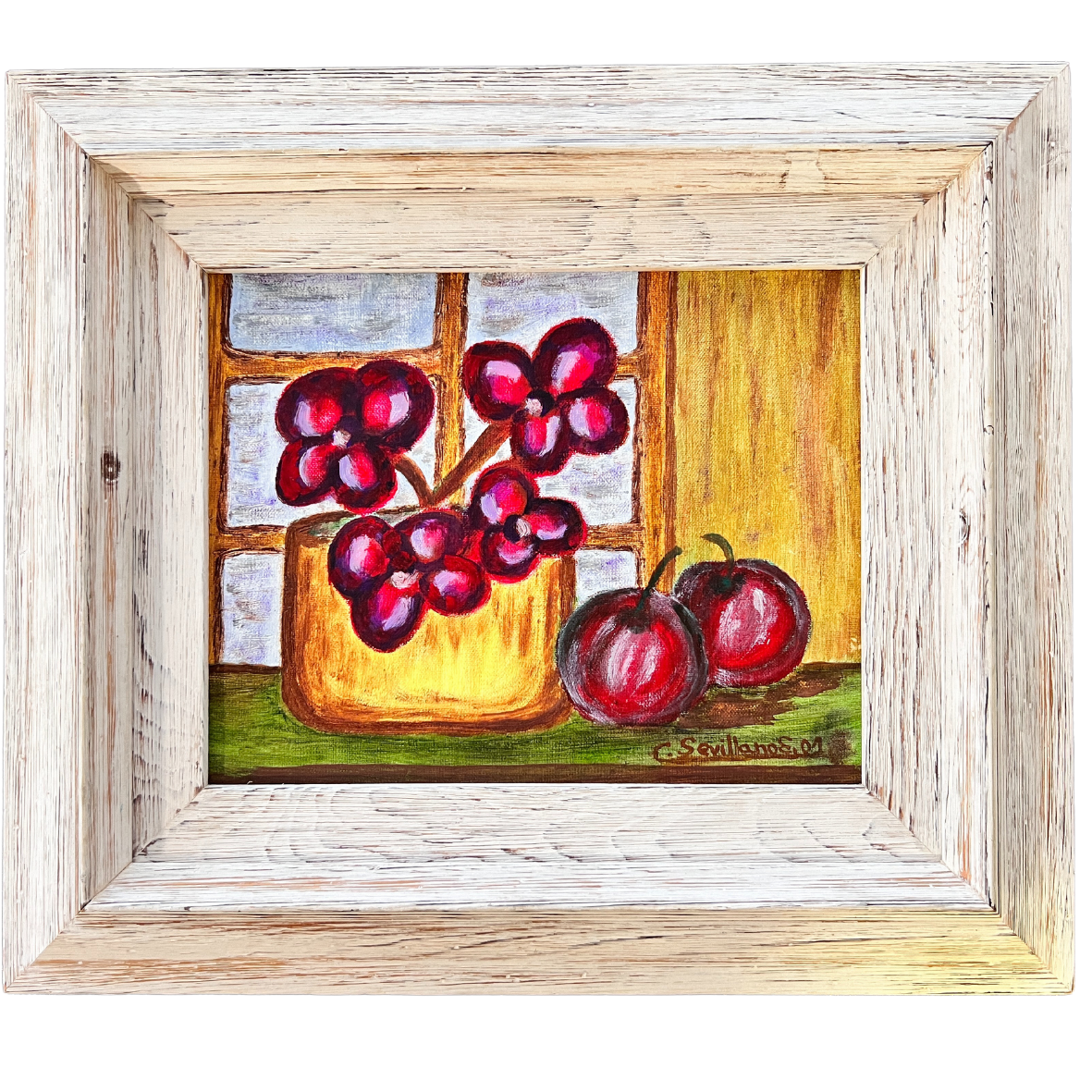 Quadro com jarra amarela, flores vermelhas e duas frutas vermelhas em moldura branca envelhecida