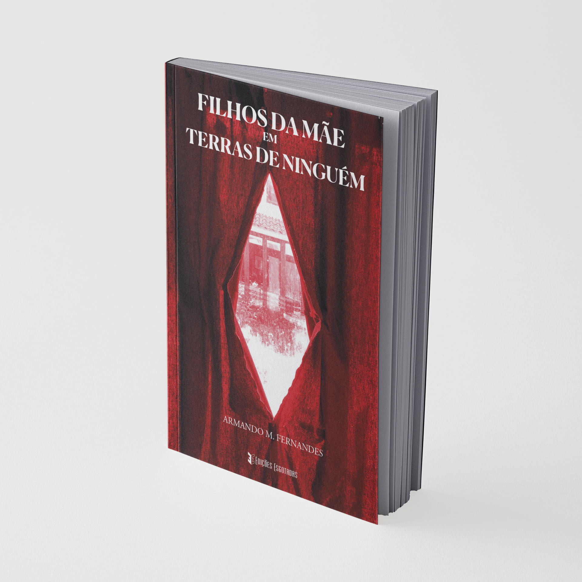 Capa do livro FILHOS DA MÃE EM TERRAS DE NINGUÉM com cortina vermelha e janela ao fundo