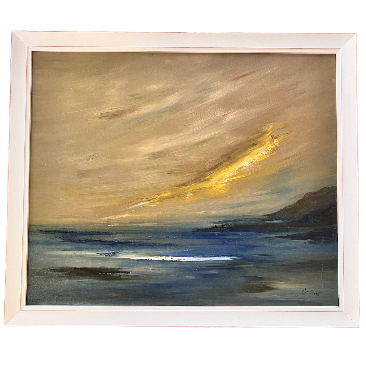 Pintura em quadro com paisagem marítima ao entardecer e moldura branca