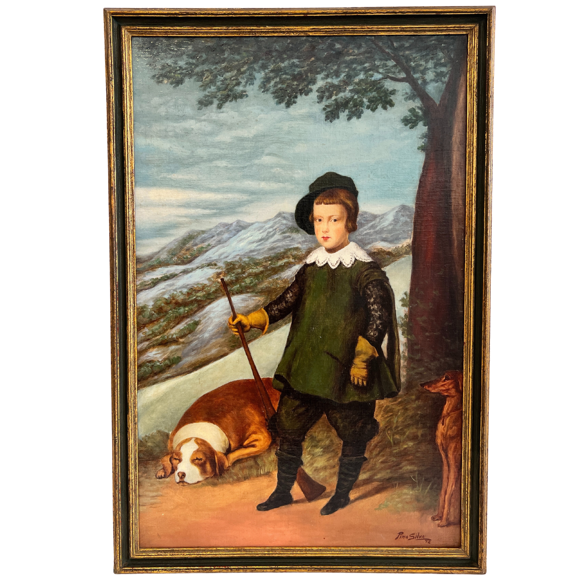 Pintura a óleo de jovem com traje antigo e cães numa paisagem montanhosa