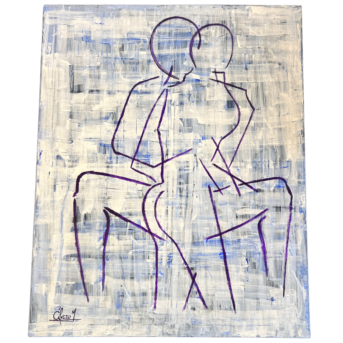 Quadro artisticamente pintado com desenho lineal de duas figuras humanas em tons azul e roxo