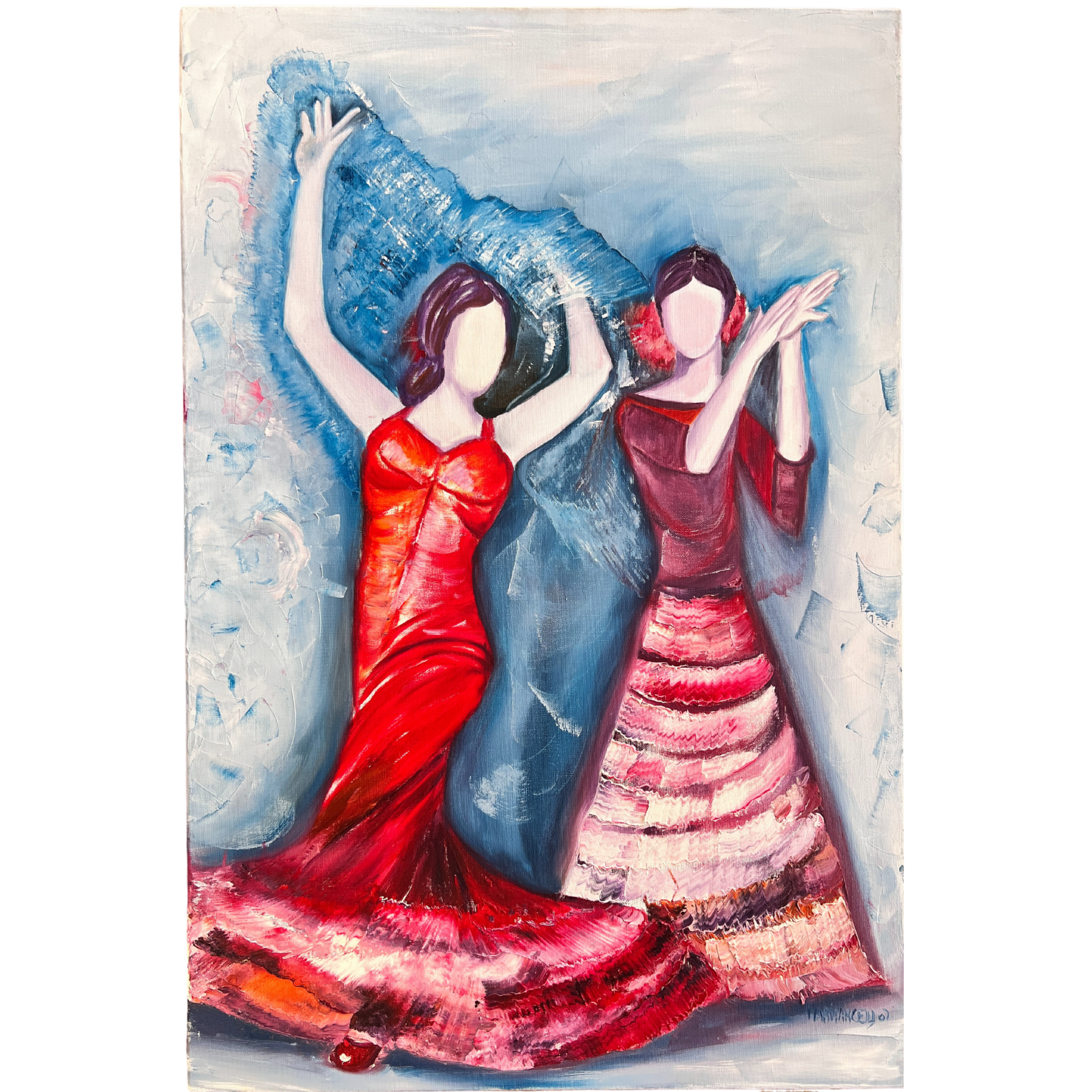 Pintura colorida de duas mulheres sem rosto com vestidos longos em tons de vermelho, rosa e branco