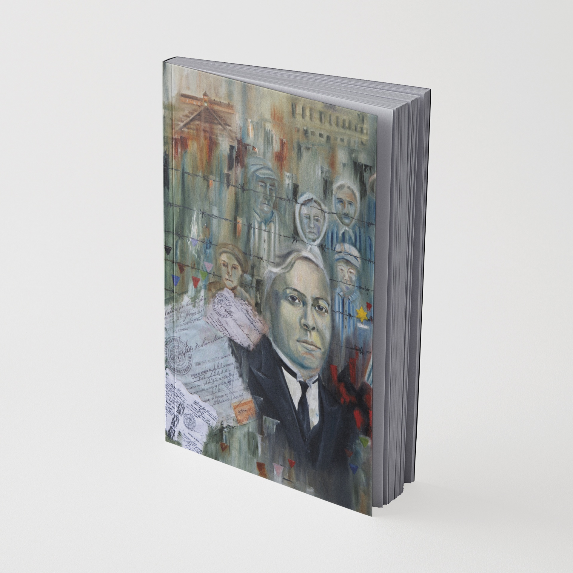 Capa de livro com ilustração de rostos humanos e arame farpado