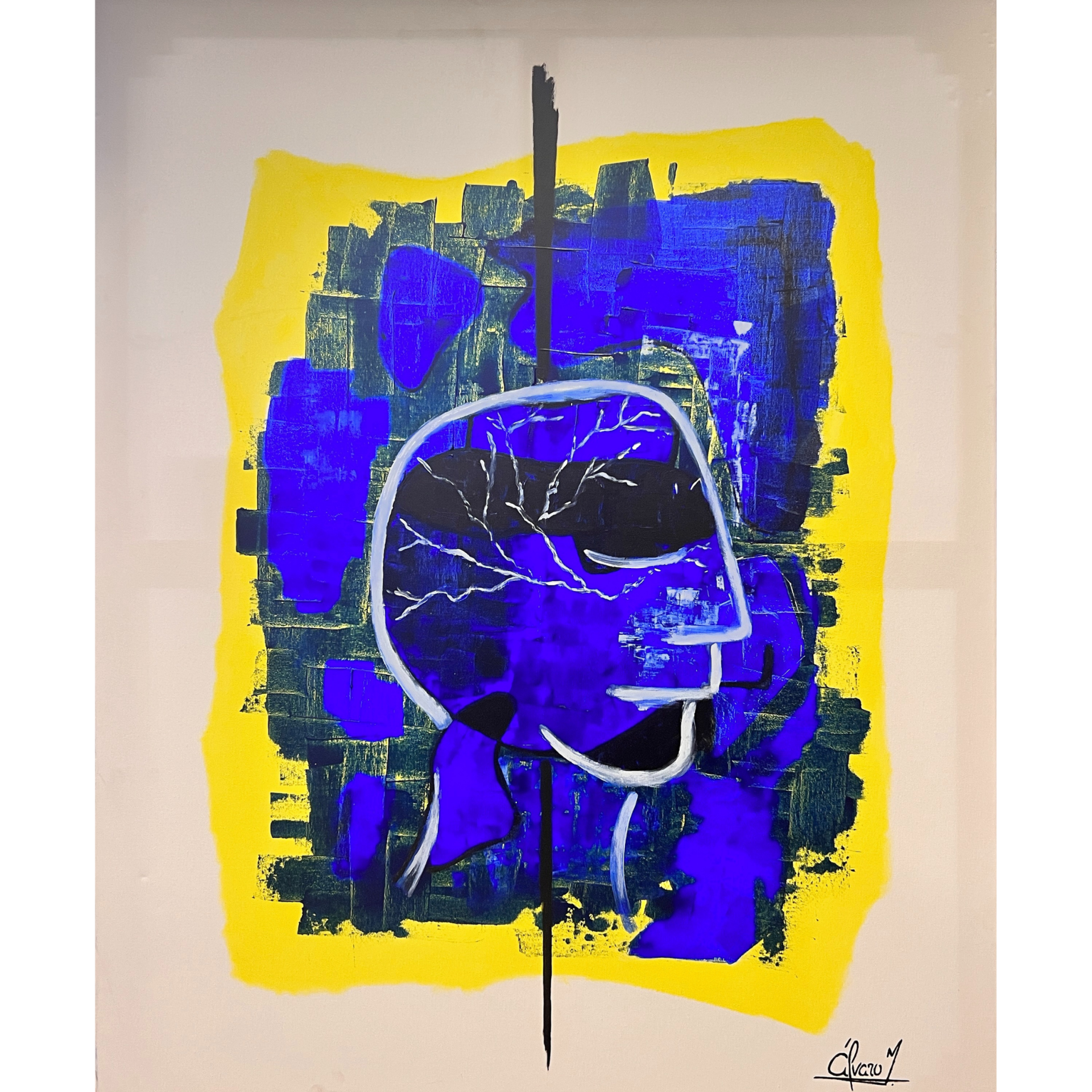 Quadro abstrato com cabeça em fundo azul e amarelo