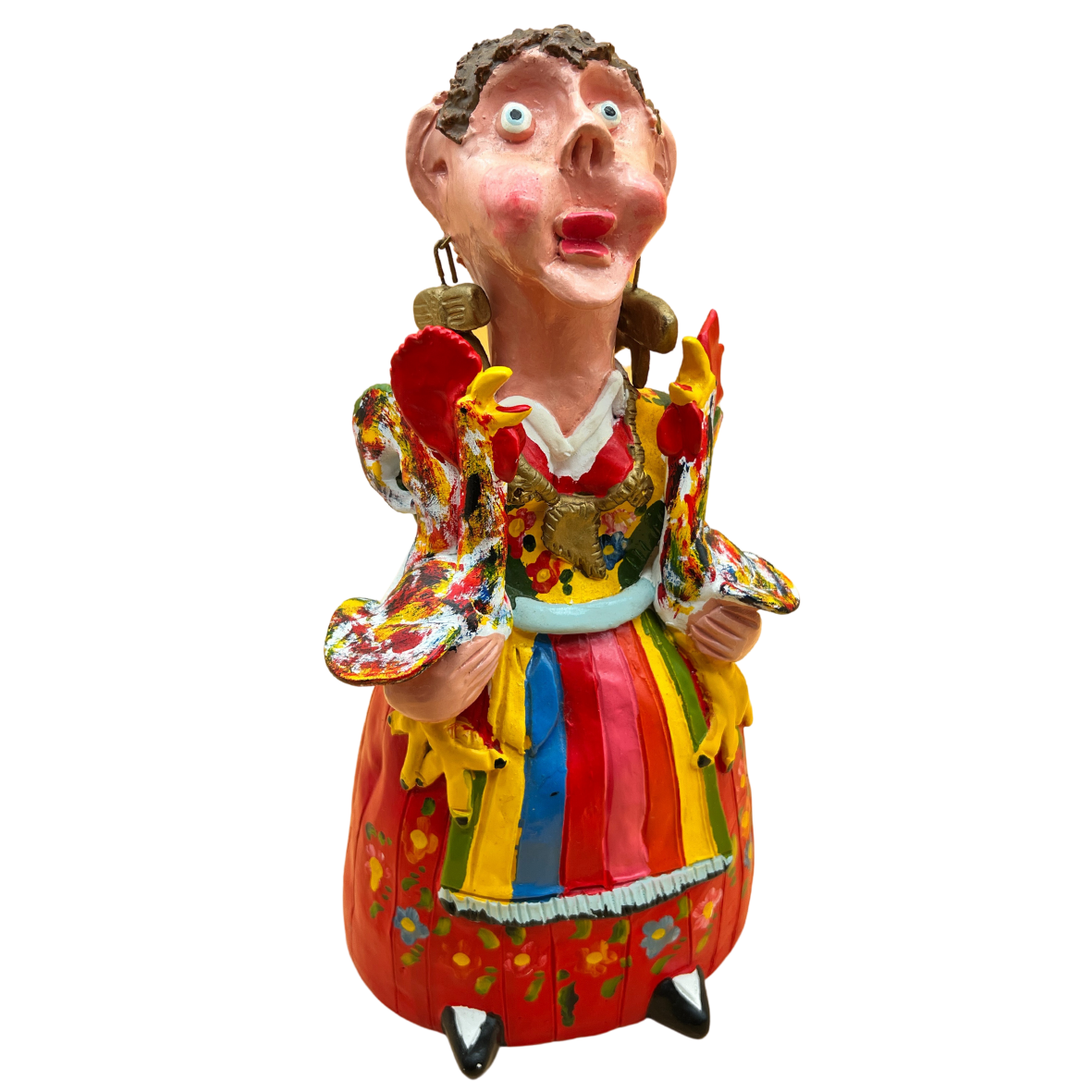Estatueta cerâmica colorida de figura humana com vestido e galinhas nas mãos