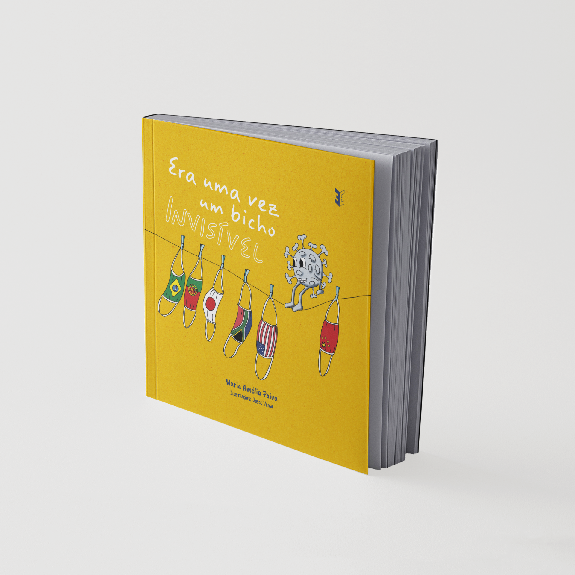 Livro com capa dura amarela e ilustrações de máscaras e vírus, título Era uma vez um bicho invisível.