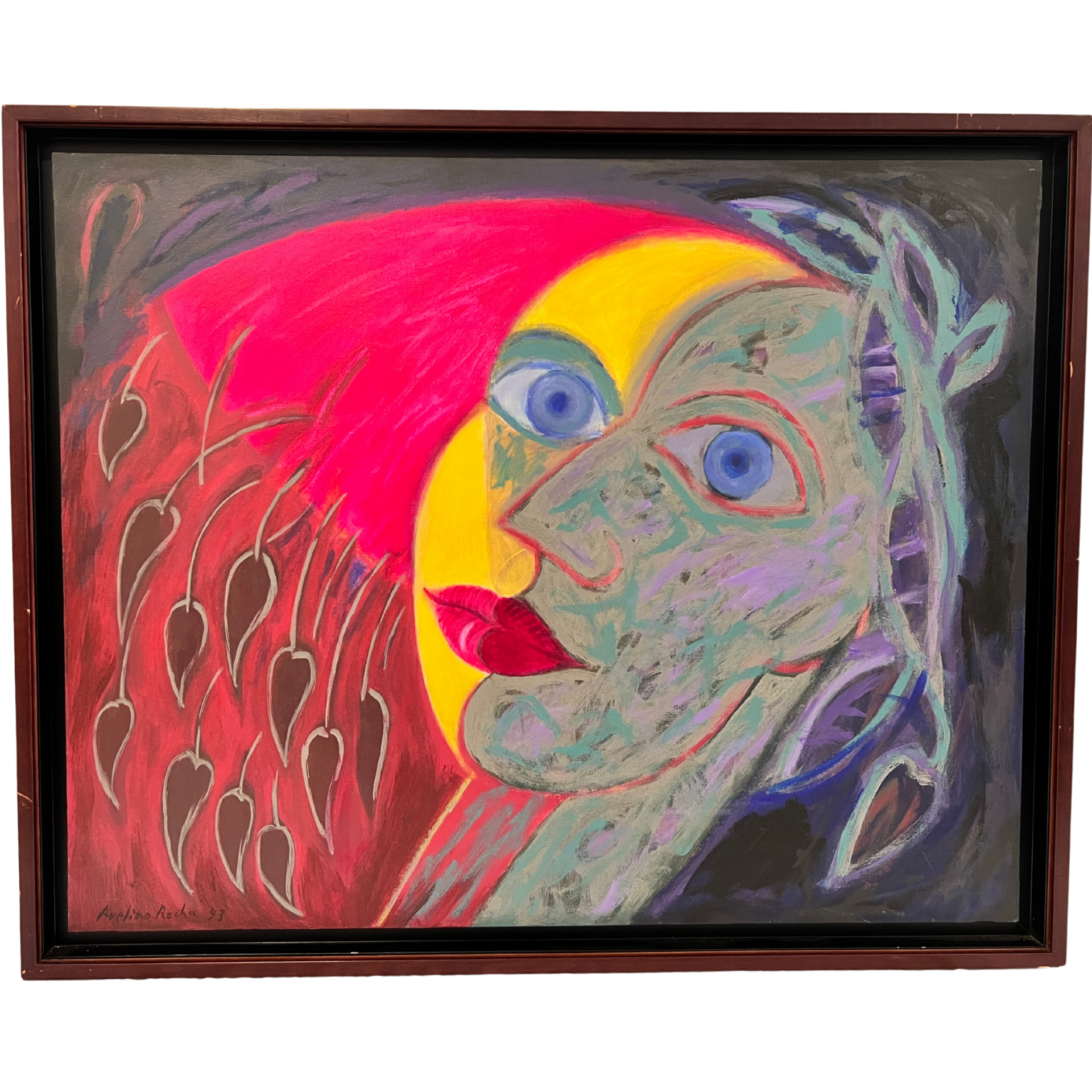 Pintura colorida de rosto estilizado com olhos azuis e lábios vermelhos em moldura escura